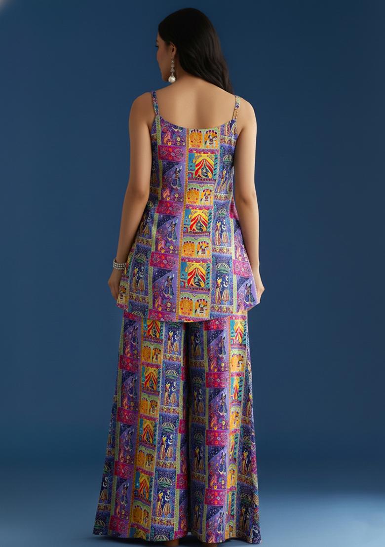 Purple Figure Print Chinon Sharara Set - Indya