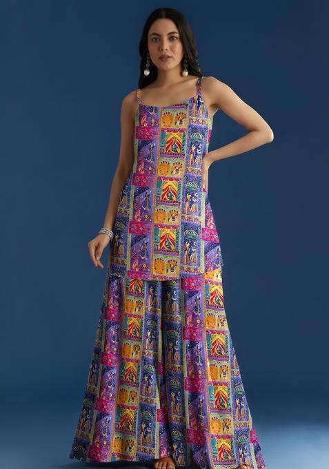 Purple Figure Print Chinon Sharara Set