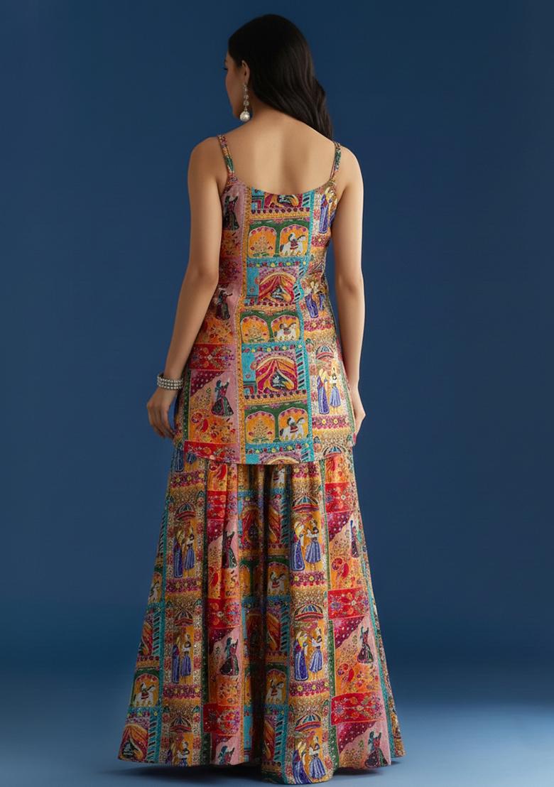 Mustard Figure Print Chinon Sharara Set - Indya