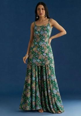 Emerald Green Floral Print Chinon Sharara Set