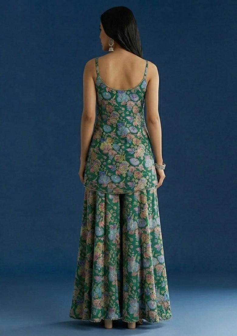 Emerald Green Floral Print Chinon Sharara Set - Indya