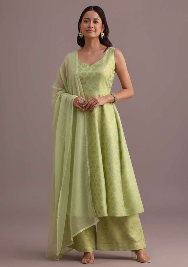 Sage Green Jacquard Jacquard A Line Kurta Set - Indya