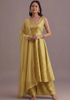 Mustard Jacquard Brocade Kurta Set
