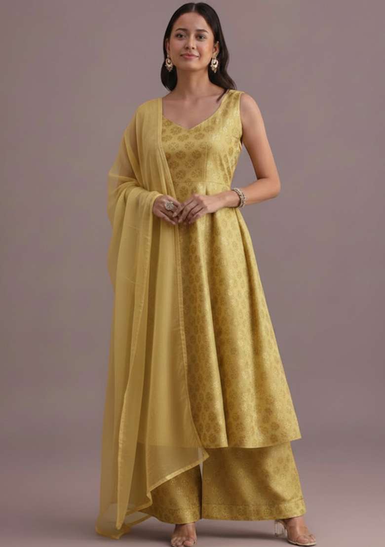 Mustard Jacquard Jacquard A Line Kurta Set - Indya