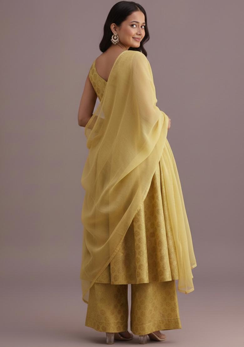Mustard Jacquard Brocade Kurta Set - Indya