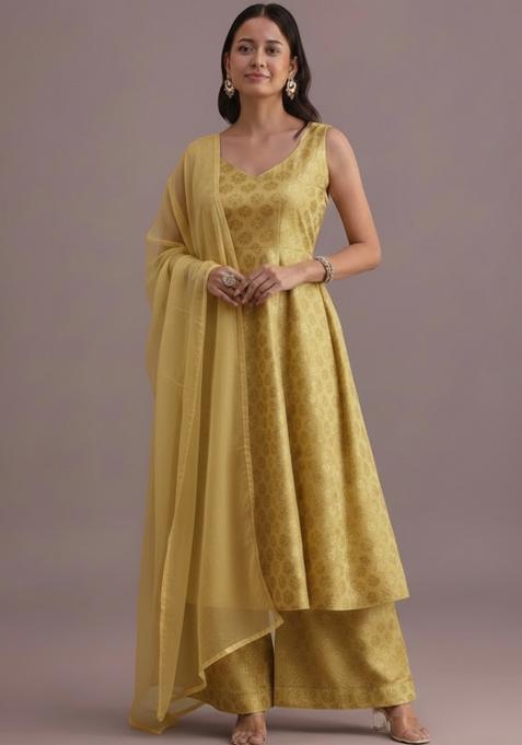 Mustard Jacquard Jacquard A Line Kurta Set