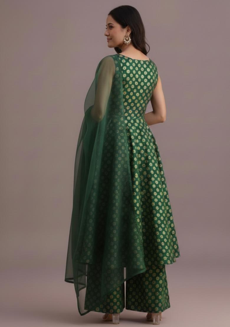 Forest Green Jacquard Brocade Kurta Set - Indya