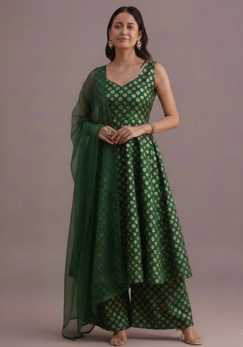 Forest Green Jacquard Jacquard Anarkali Set