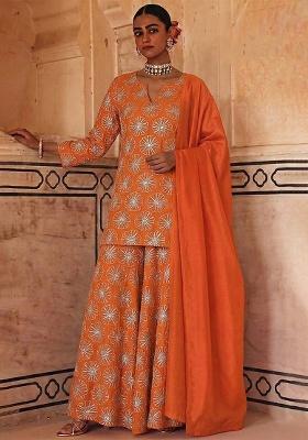 Orange Sequin Silk Sharara Set
