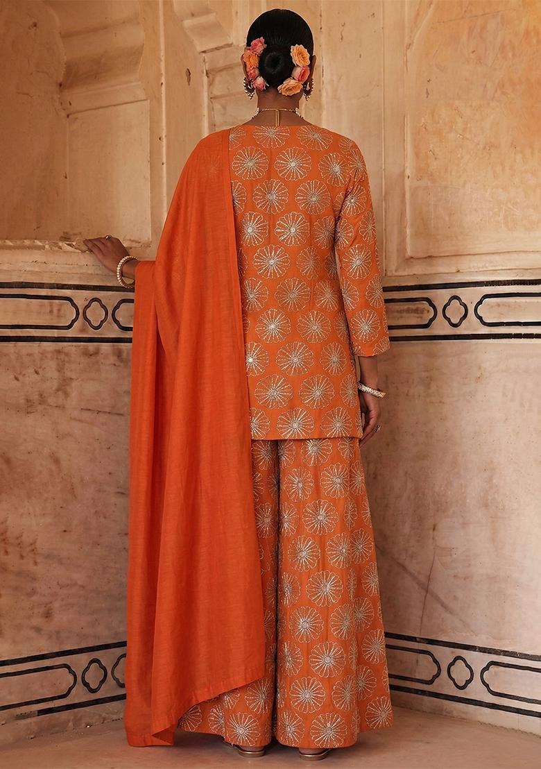 Orange Sequin Silk Sharara Set - Indya