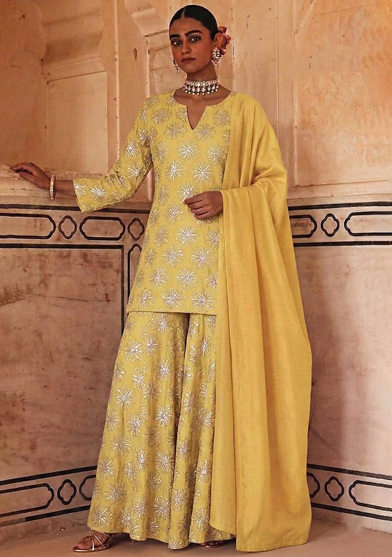 Mustard Sequin Silk Sharara Set - Indya