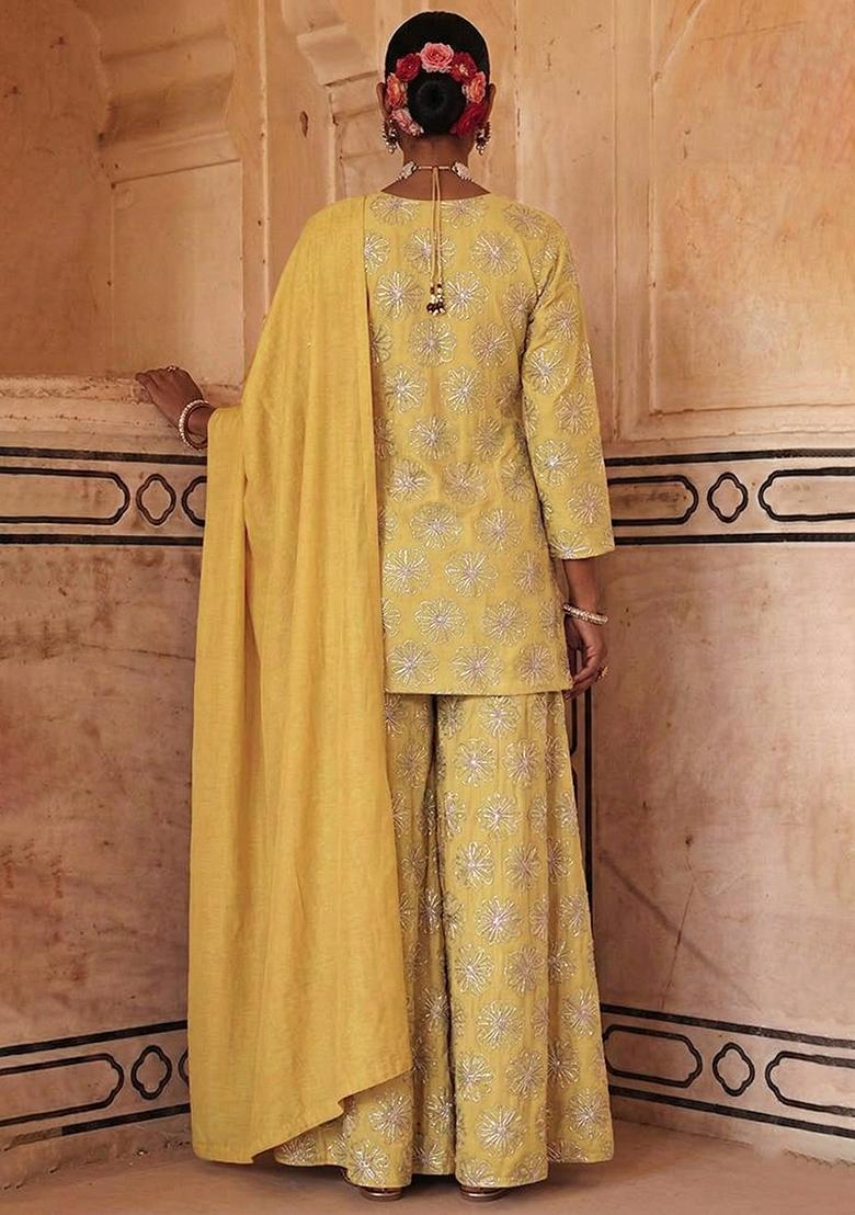 Mustard Sequin Silk Sharara Set - Indya