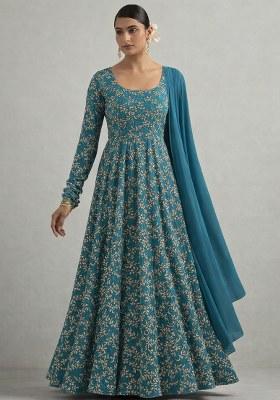 Teal Blue Embroidered Crepe Anarkali With Dupatta