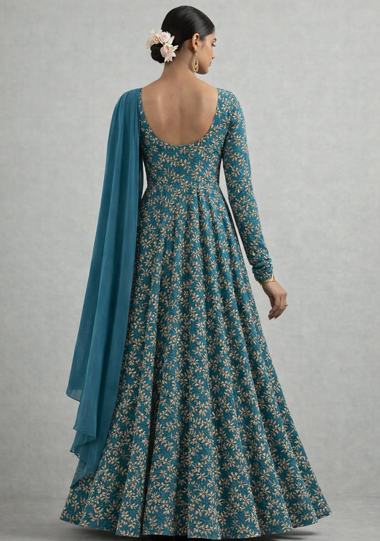 Teal Blue Embroidered Crepe Anarkali With Dupatta - Indya