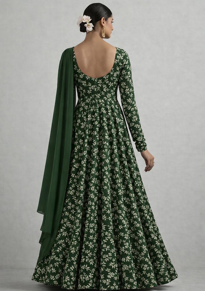 Dark Green Embroidered Crepe Anarkali With Dupatta - Indya