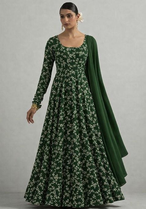 Dark Green Embroidered Crepe Anarkali With Dupatta