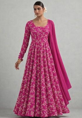 Rani Pink Embroidered Crepe Anarkali With Dupatta
