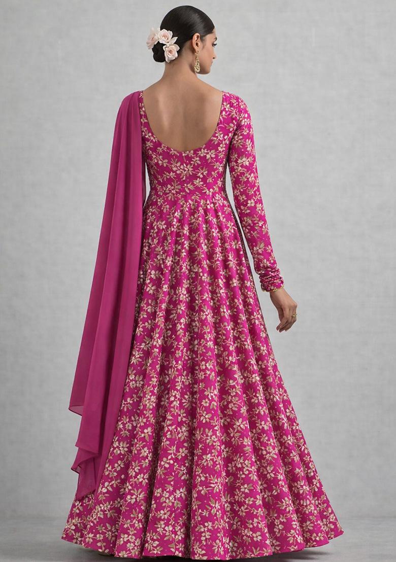 Rani Pink Embroidered Crepe Anarkali With Dupatta - Indya