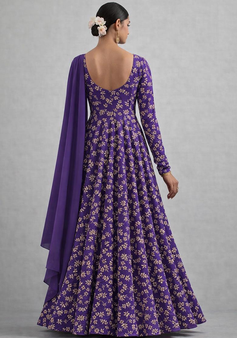Royal Purple Embroidered Crepe Anarkali With Dupatta - Indya