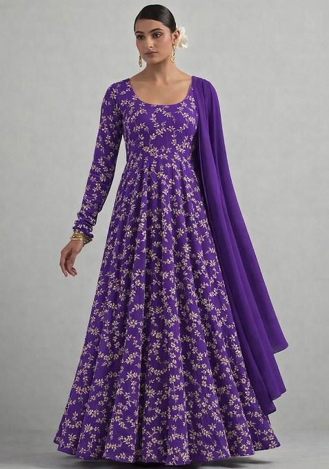 Royal Purple Embroidered Crepe Anarkali With Dupatta