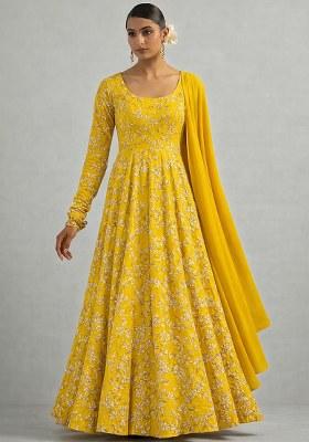 Yellow Embroidered Crepe Anarkali With Dupatta