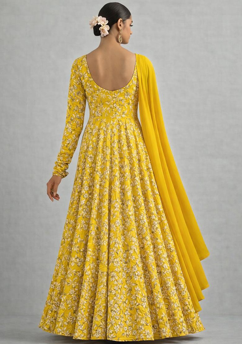 Yellow Embroidered Crepe Anarkali With Dupatta - Indya