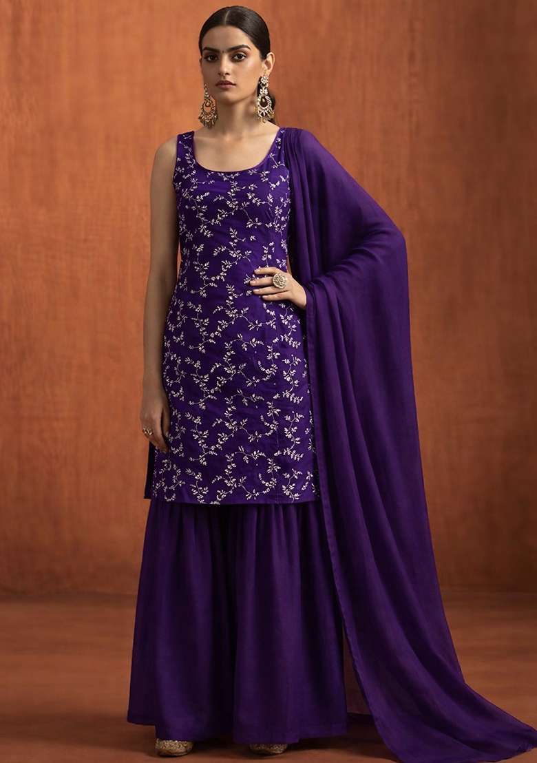 Royal Purple Embroidered Crepe Sharara Set - Indya