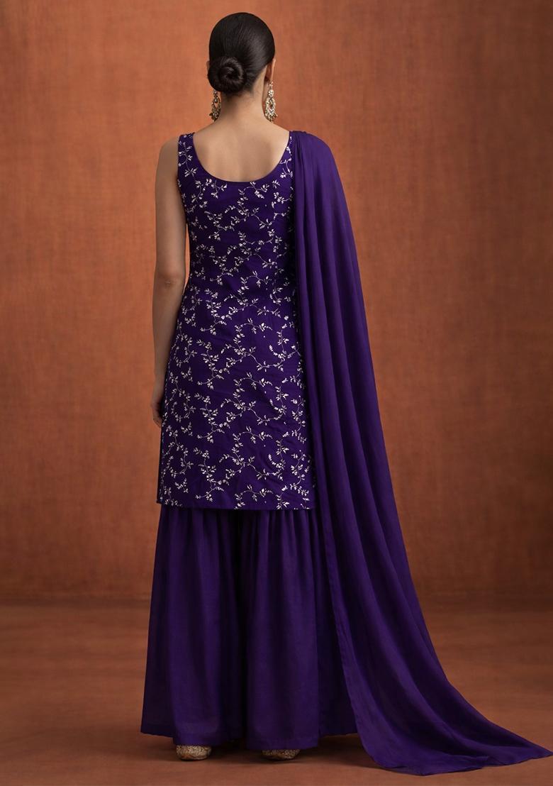 Royal Purple Embroidered Crepe Sharara Set - Indya