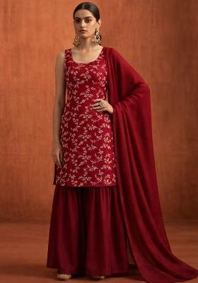 Deep Red Embroidered Crepe Sharara Set