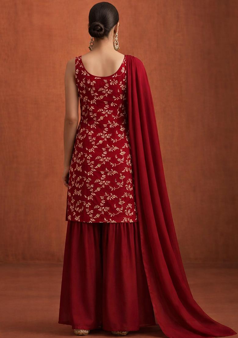 Deep Red Embroidered Crepe Sharara Set - Indya