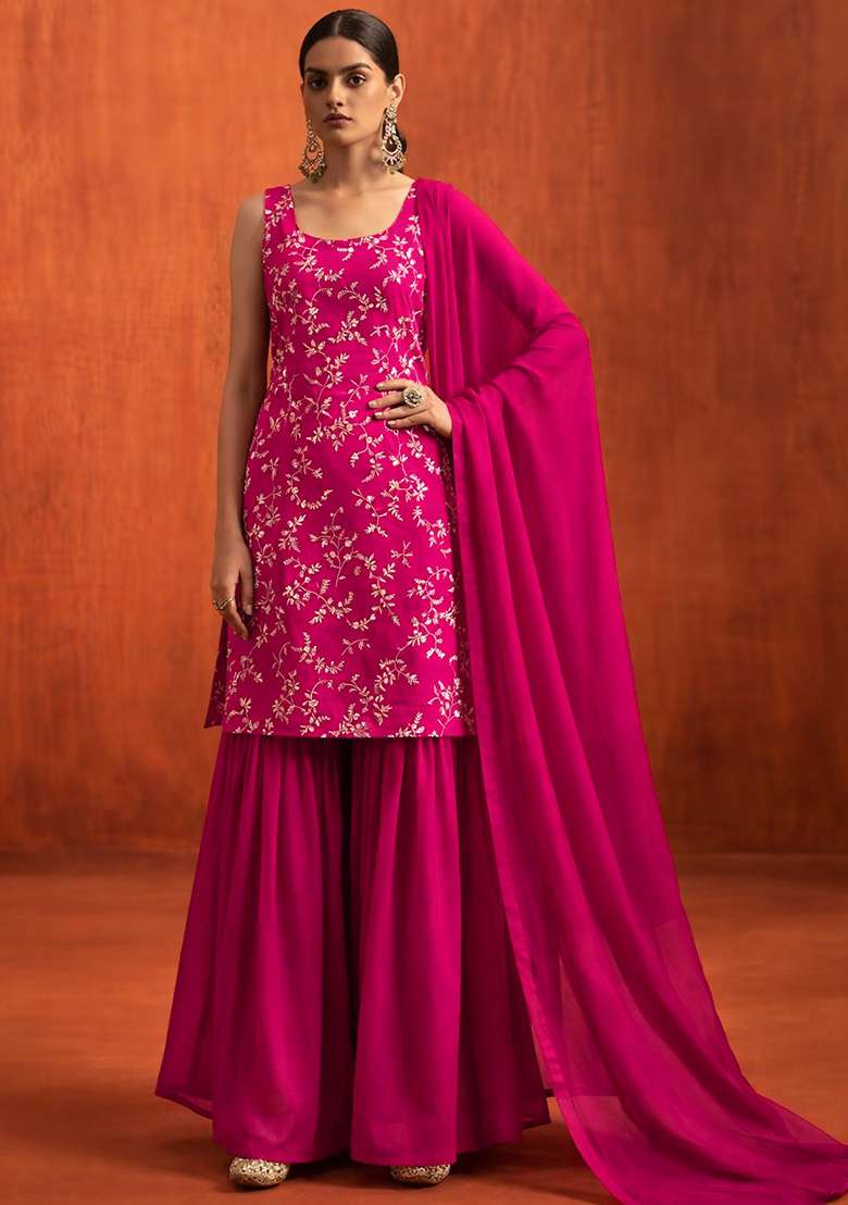 Rani Pink Embroidered Crepe Sharara Set - Indya