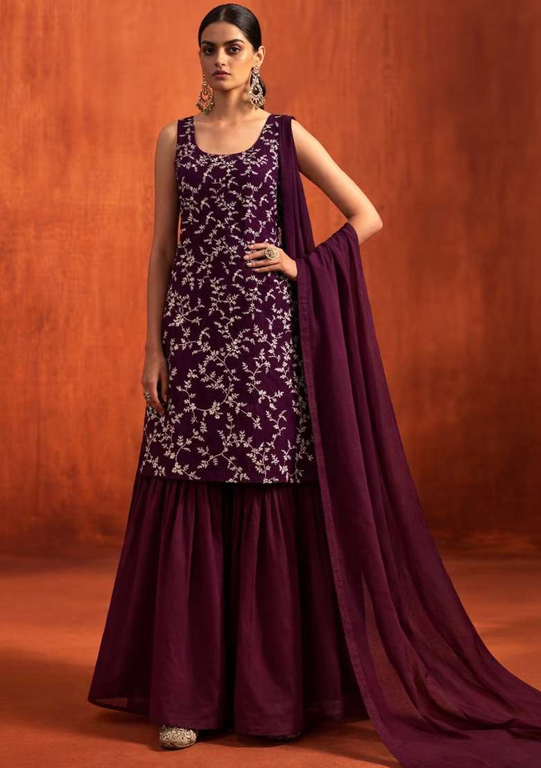 Wine Embroidered Crepe Sharara Set - Indya