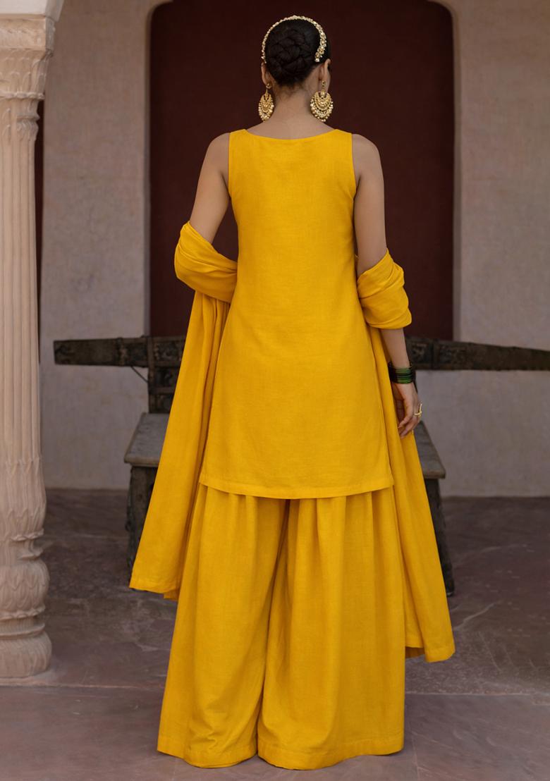 Yellow Embroidered Silk Sharara Set - Indya