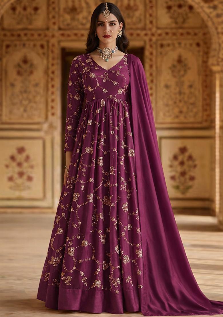 Maroon Embroidered Silk Anarkali With Dupatta - Indya