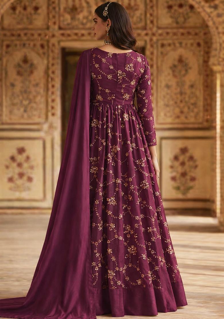 Maroon Embroidered Silk Anarkali With Dupatta - Indya