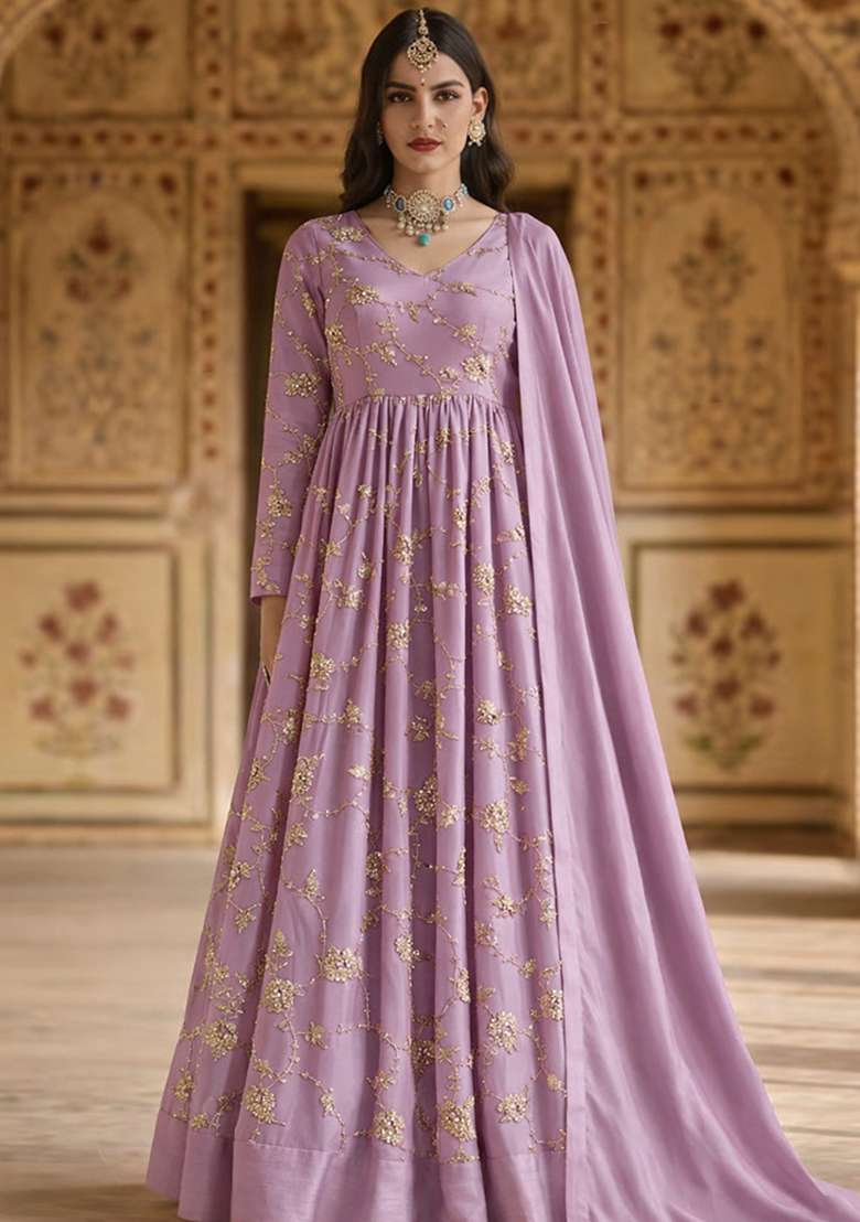 Lavender Embroidered Silk Anarkali With Dupatta - Indya