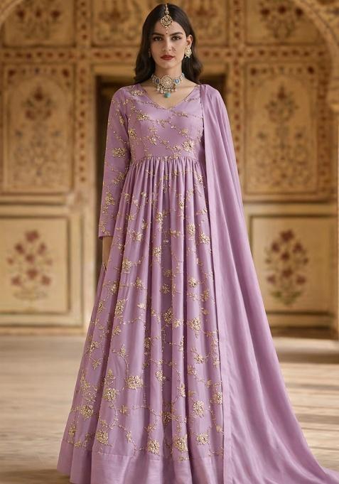 Lavender Embroidered Silk Anarkali With Dupatta