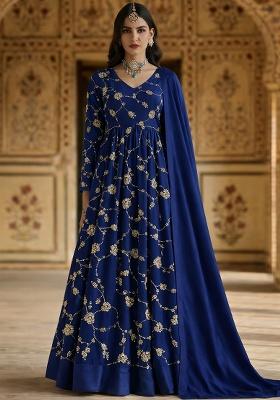 Navy Blue Embroidered Silk Anarkali With Dupatta