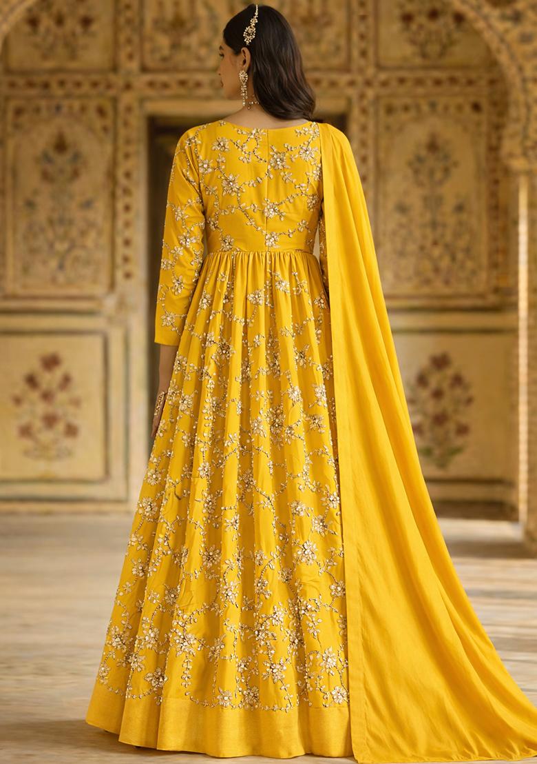 Yellow Embroidered Silk Anarkali With Dupatta - Indya