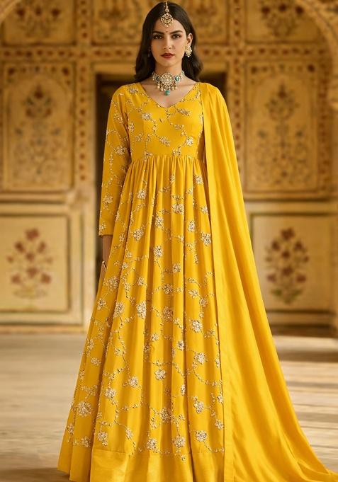 Yellow Embroidered Silk Anarkali With Dupatta