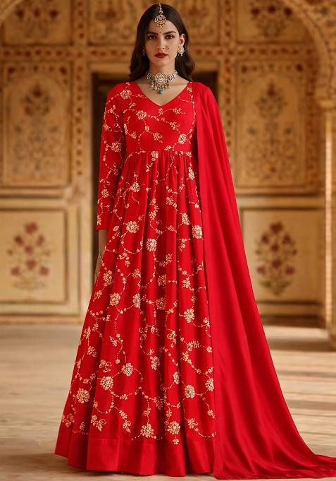 Deep Red Embroidered Silk Anarkali With Dupatta