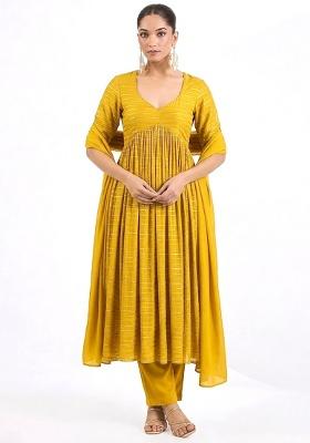 Mustard Embroidered Chinnon Anarkali Set