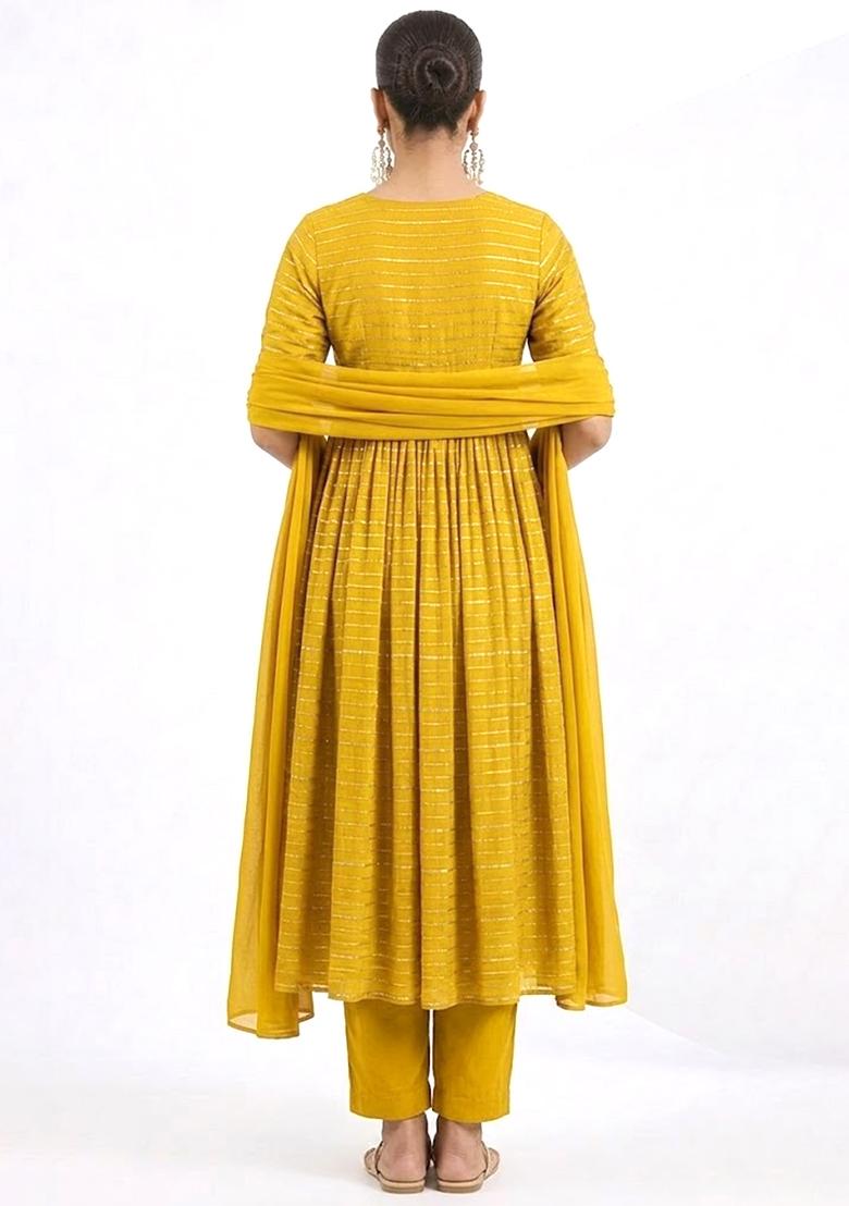 Mustard Embroidered Chinnon Anarkali Set - Indya