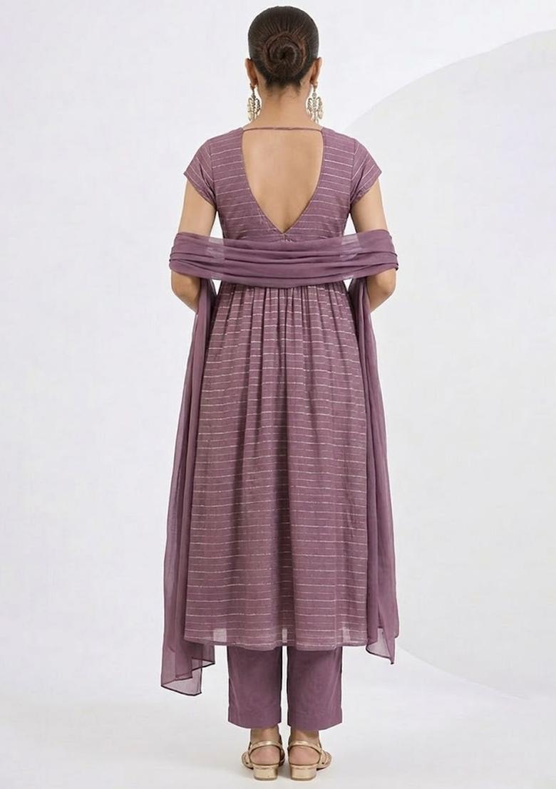 Lavender Embroidered Chinnon Anarkali Set - Indya