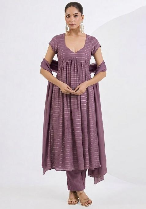 Lavender Embroidered Chinnon Anarkali Set