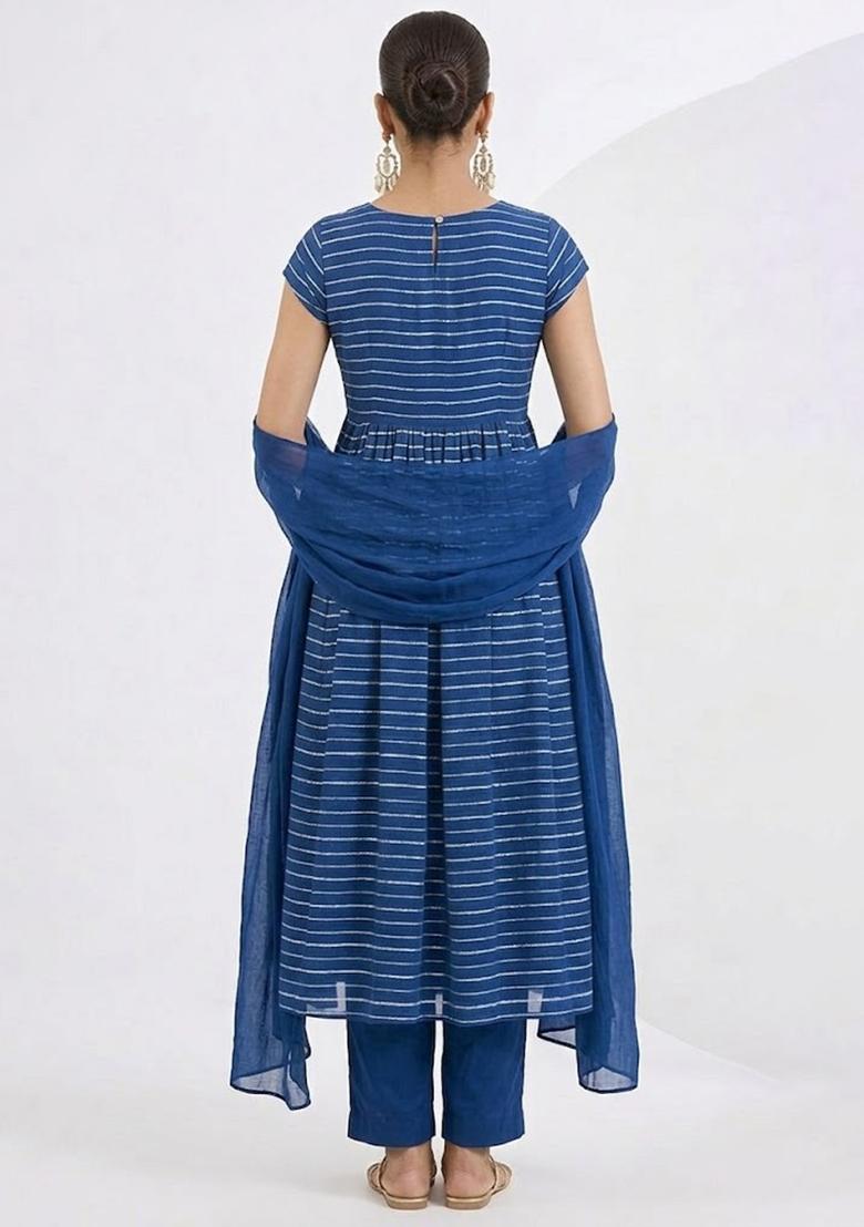Blue Embroidered Chinnon Anarkali Set - Indya