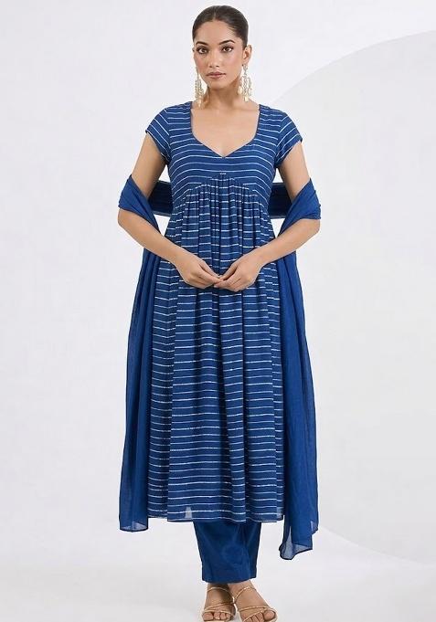 Blue Embroidered Chinnon Anarkali Set