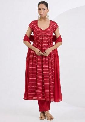 Red Embroidered Chinnon Anarkali Set