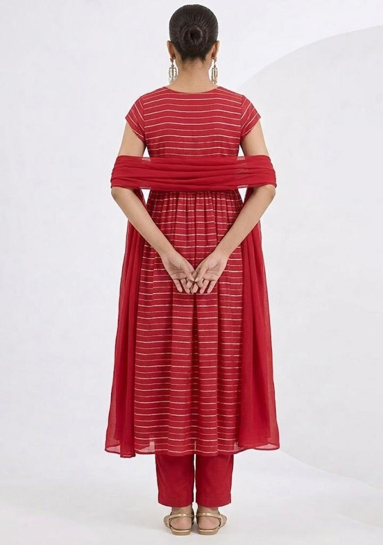 Red Embroidered Chinnon Anarkali Set - Indya