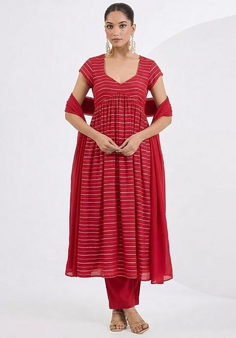 Red Embroidered Chinnon Anarkali Set
